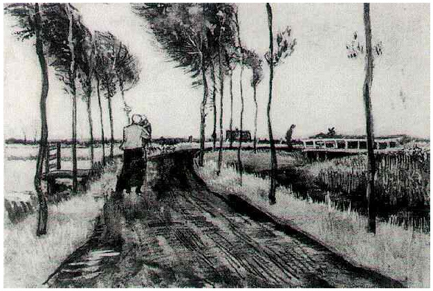 Vincent van Gogh's Landscape with Woman Walking Drawing